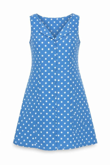 Rihoas Womens Blue Polka Dot Polyester A-Line Size S V-Neck Button