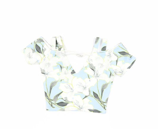 Miss Selfridge Womens Blue Floral Polyester Cropped Blouse Size 6 V-Neck