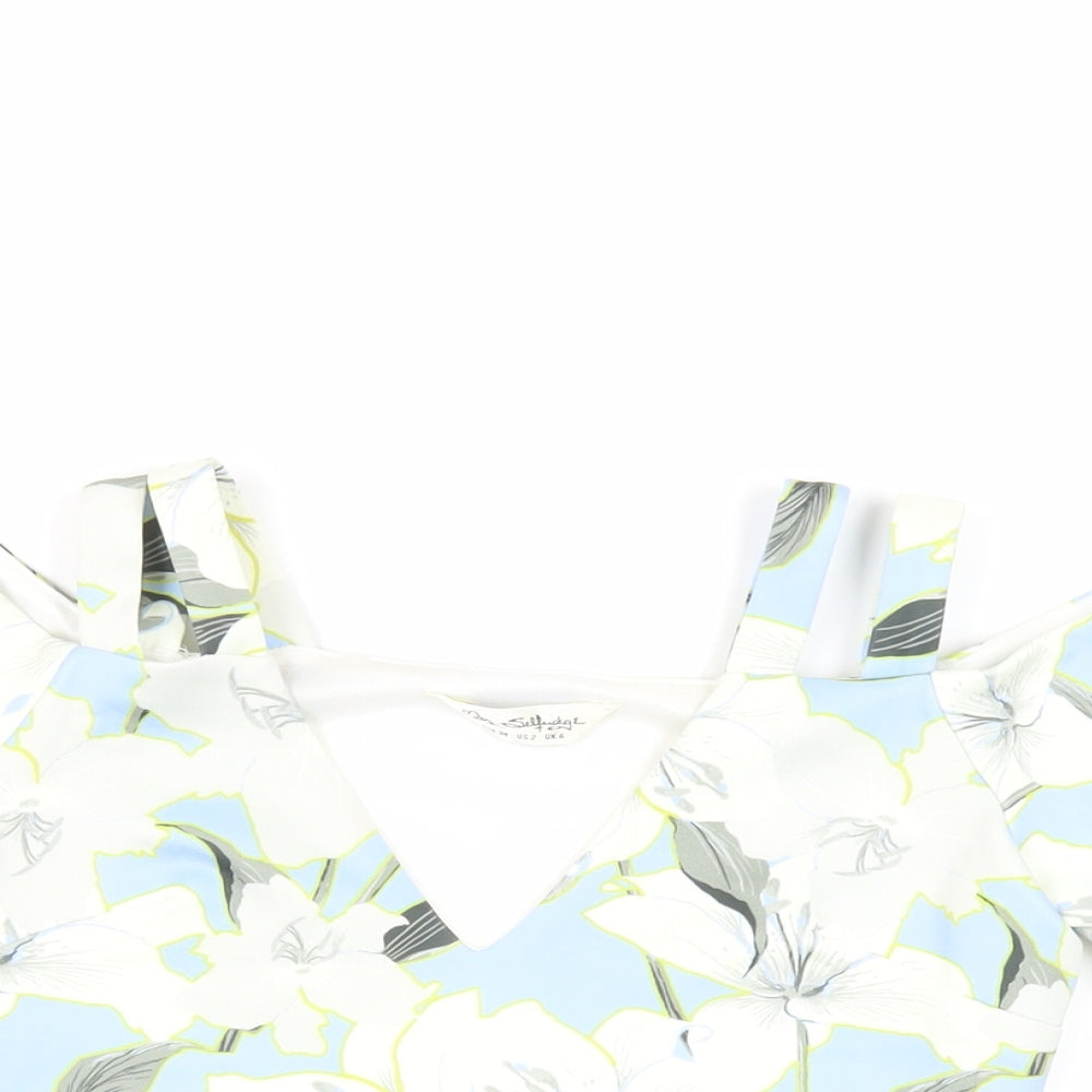Miss Selfridge Womens Blue Floral Polyester Cropped Blouse Size 6 V-Neck