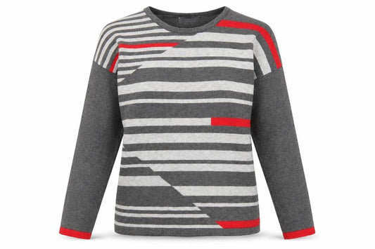 Front view of Alexara women’s grey crew neck striped viscose jumper, size M