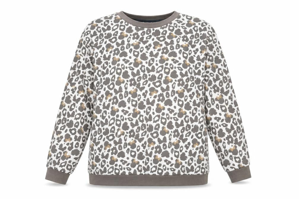 Front view of Minnie Mouse women’s white geometric cotton pullover sweatshirt, size XL, pullover - minnie mouse animal print