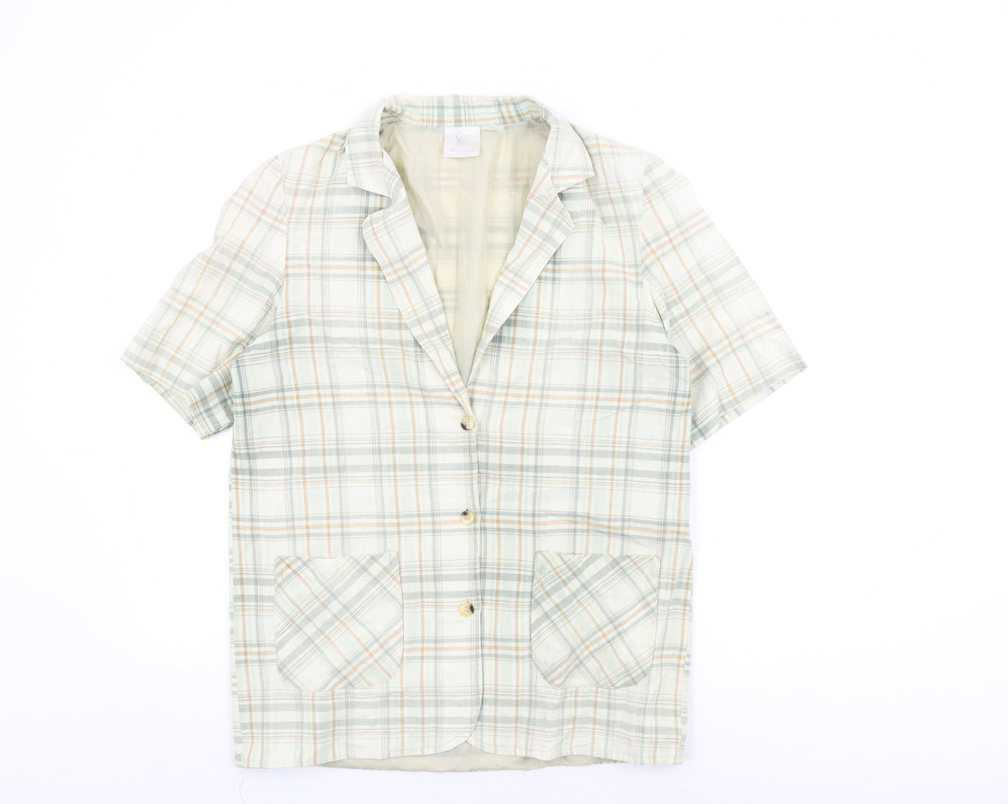 Compliments Womens White Plaid Cotton Basic Button-Up Size 14 Collared