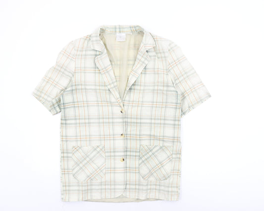 Compliments Womens White Plaid Cotton Basic Button-Up Size 14 Collared