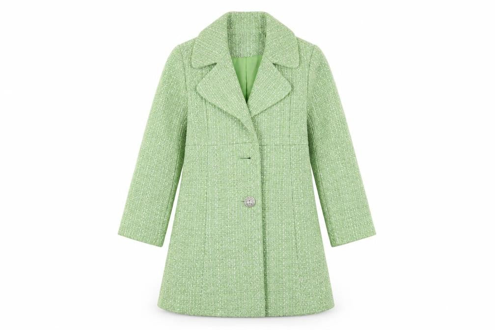 Front view of Pumpkin Patch girls’ green overcoat coat, size 6, years button