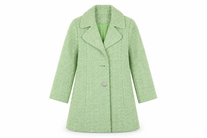 Front view of Pumpkin Patch girls’ green overcoat coat, size 6, years button
