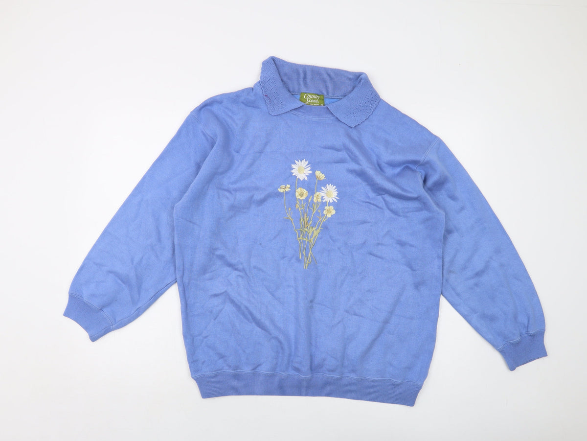 Additional front view of Country Scene women’s blue acrylic pullover sweatshirt, size M, pullover
