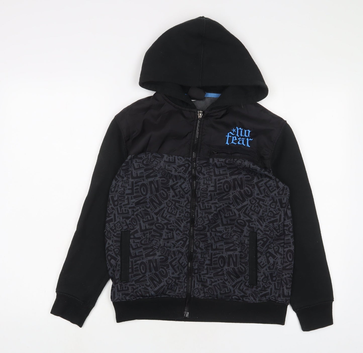 No Fear Boys Black Geometric Cotton Full Zip Hoodie Size 13 Years Zip - Logo, Embroidered