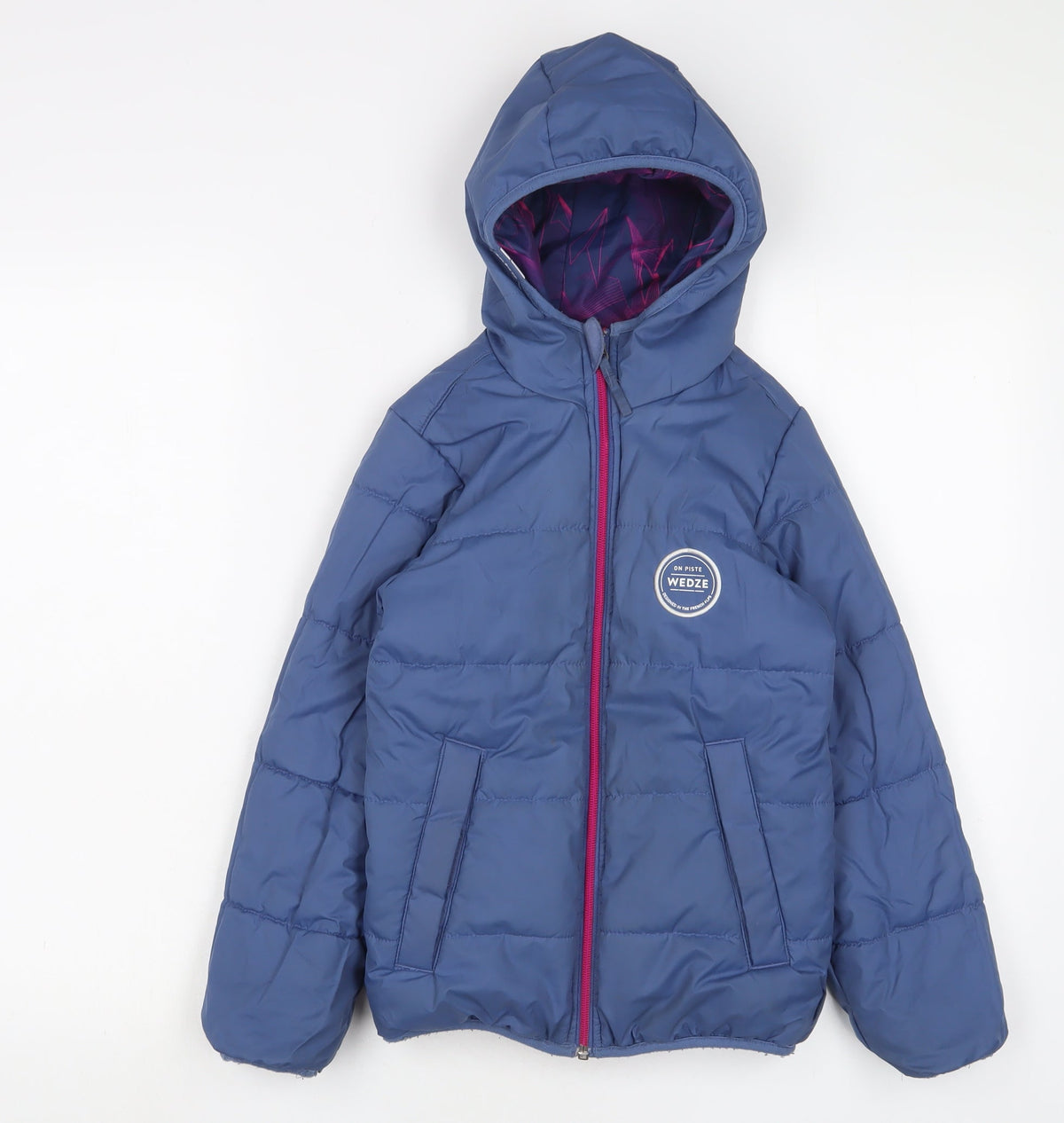 Additional front view of Wedze girls’ blue basic coat coat, size 6, years zip