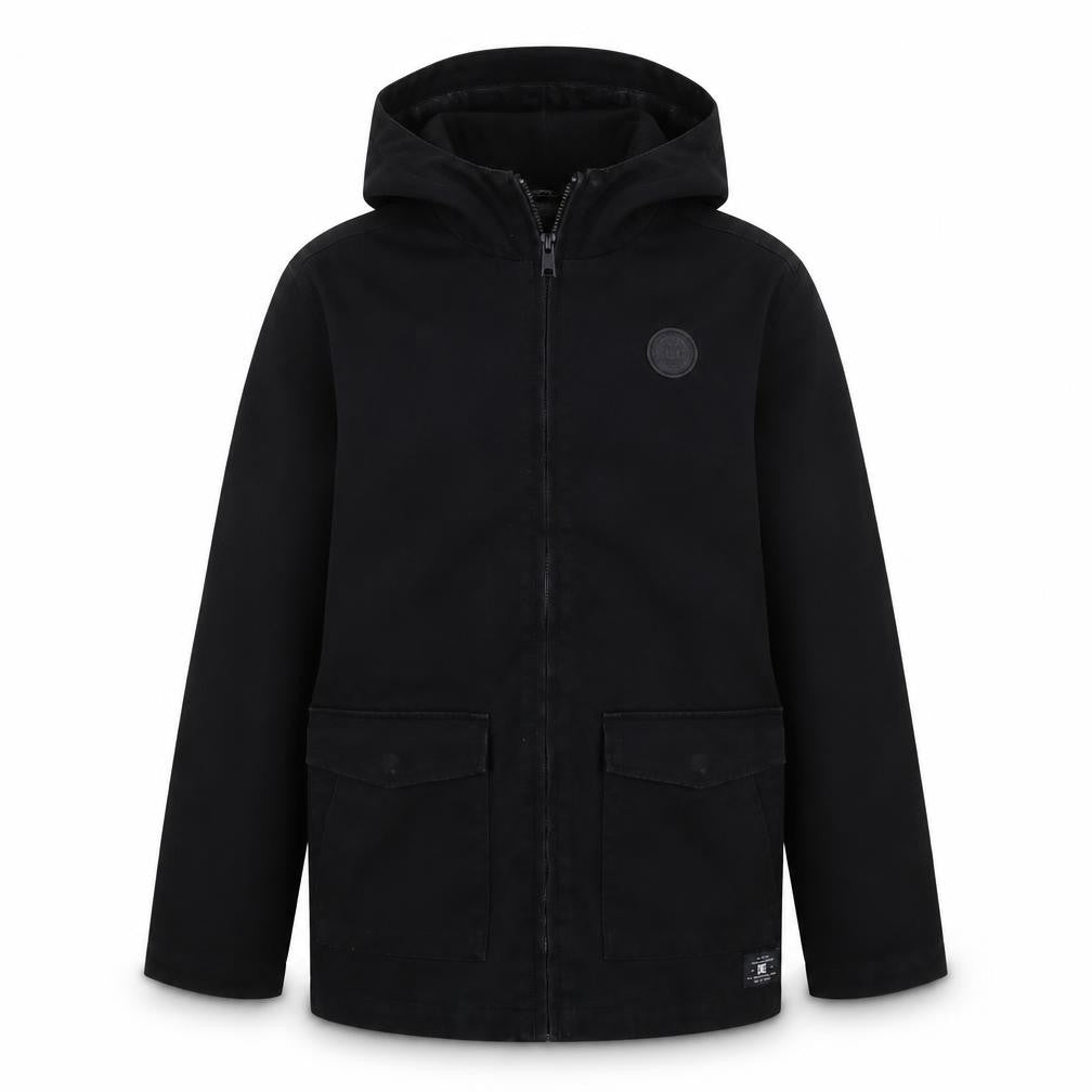 Front view of DC Shoes boys’ black jacket, size 12, years zip