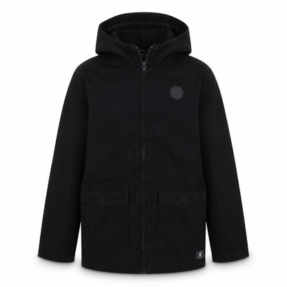 Front view of DC Shoes boys’ black jacket, size 12, years zip