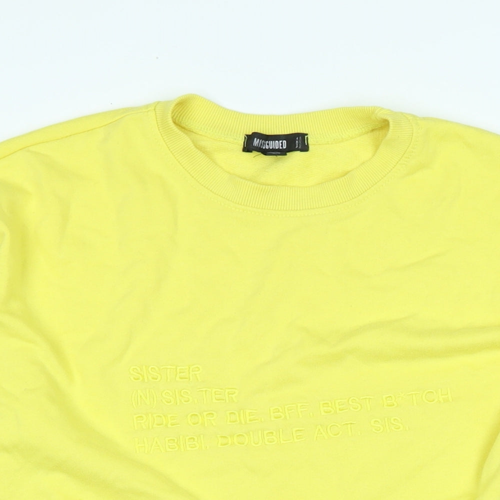 Close-up detail of Missguided women’s yellow polyester pullover sweatshirt, size UK 10