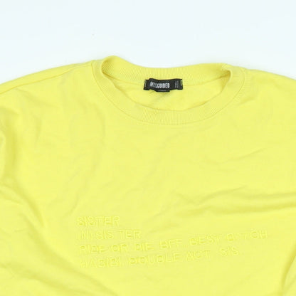 Close-up detail of Missguided women’s yellow polyester pullover sweatshirt, size UK 10