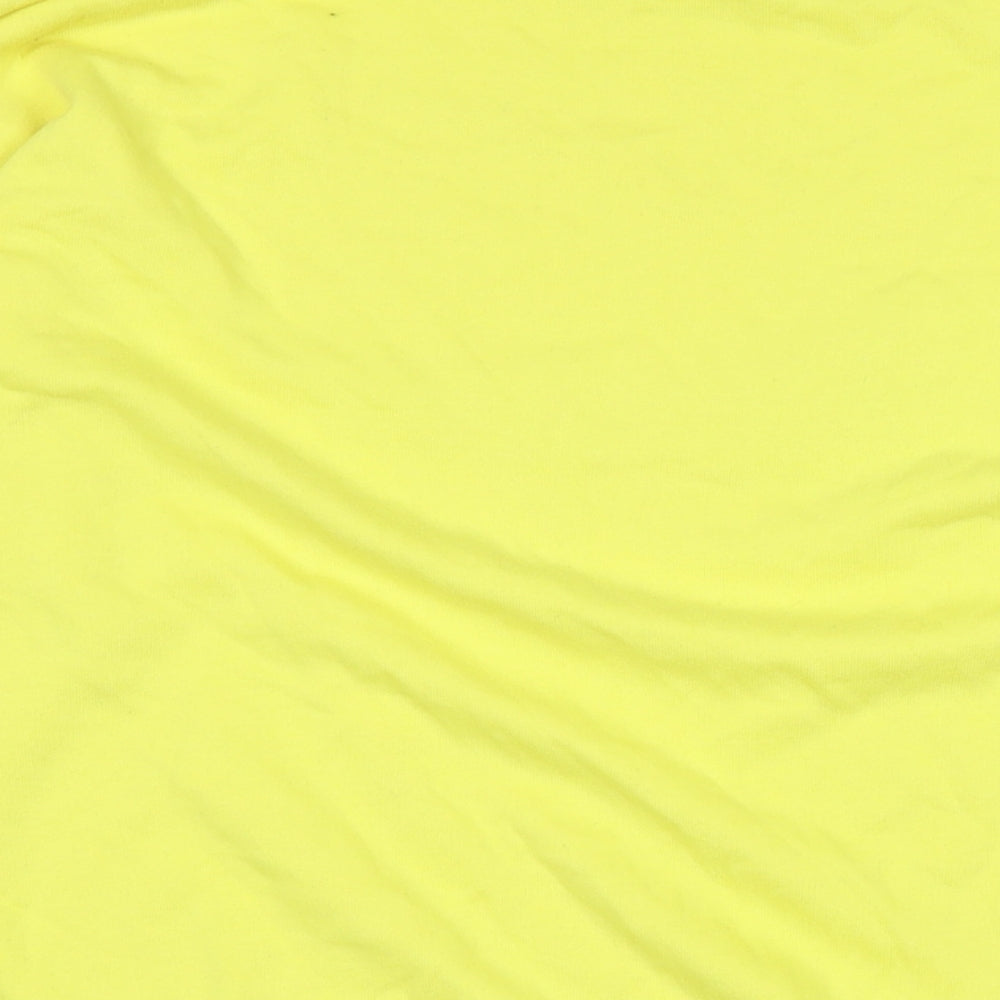 Brand and care label for Missguided women’s yellow polyester pullover sweatshirt, size UK 10