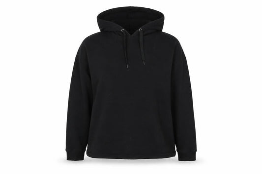 Front view of ASOS women’s black polyester pullover hoodie, size UK 8