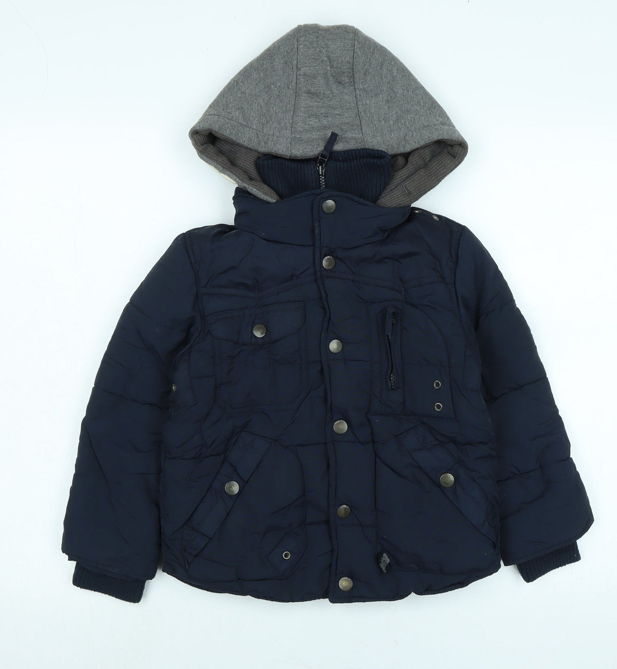 Additional front view of Next boys’ blue quilted coat, size 5, years zip