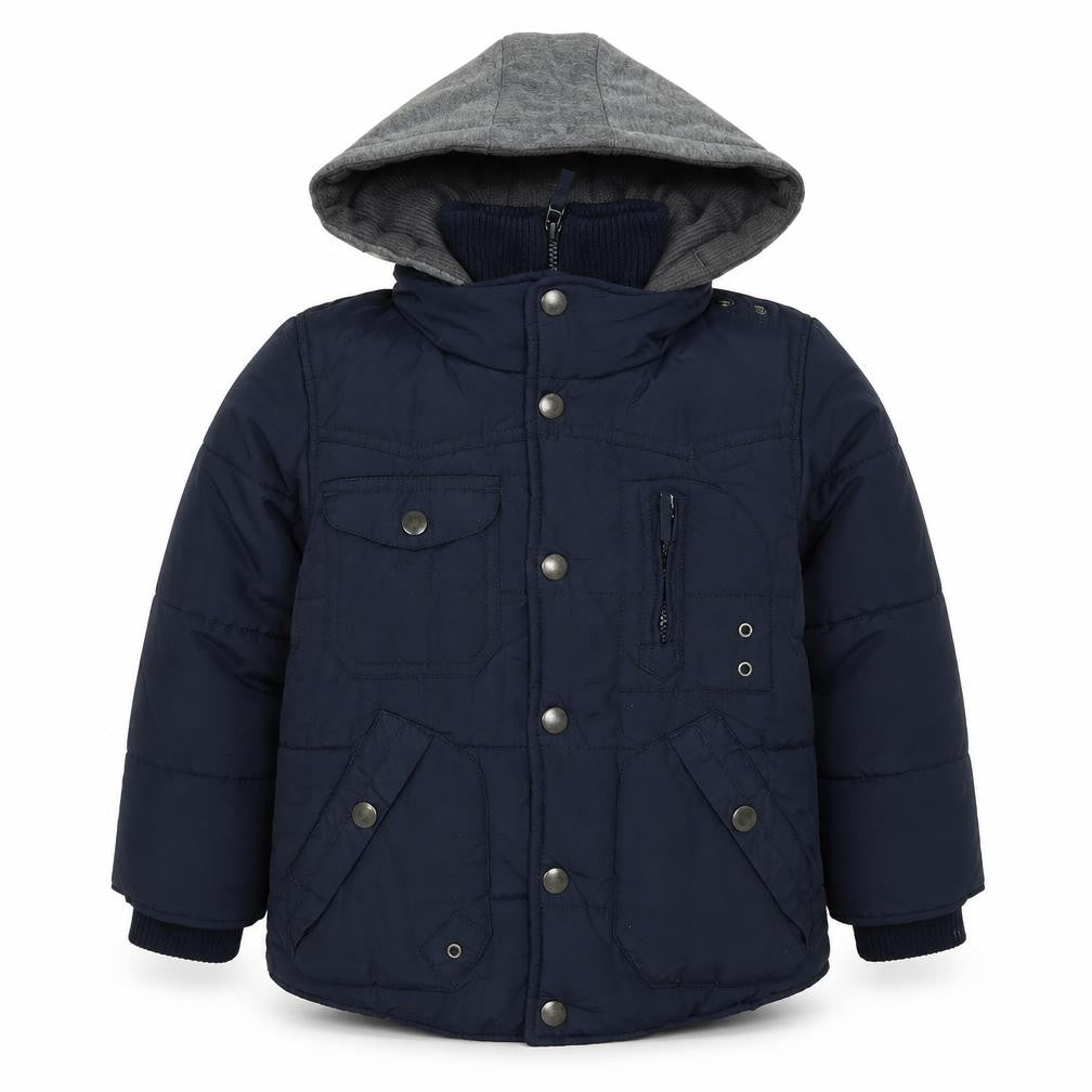 Front view of Next boys’ blue quilted coat, size 5, years zip