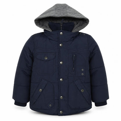 Front view of Next boys’ blue quilted coat, size 5, years zip