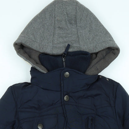 Close-up detail of Next boys’ blue quilted coat, size 5, years zip