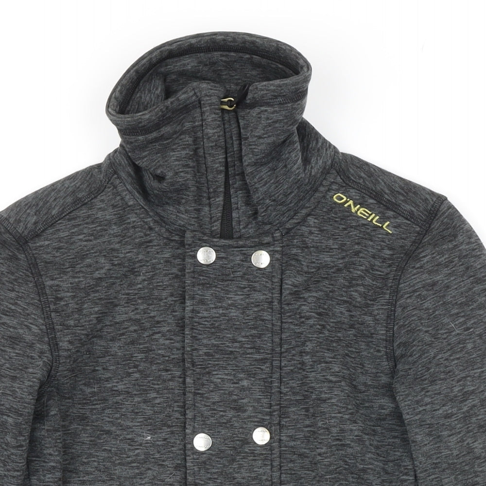 Close-up detail of O'Neill women’s grey polyester full zip sweatshirt, size XS, zip