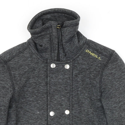 Close-up detail of O'Neill women’s grey polyester full zip sweatshirt, size XS, zip