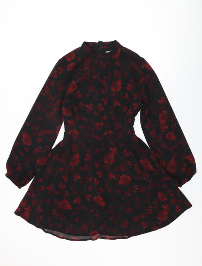 Apricot Womens Black Floral Polyester Skater Dress Size 8 Round Neck Zip