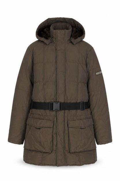 Front view of Woolrich women’s green overcoat coat, size M, zip