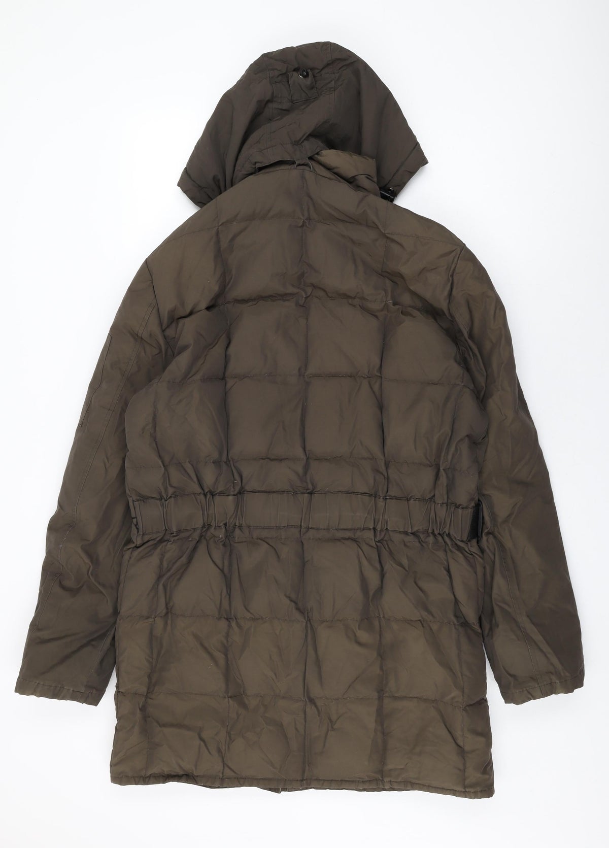 Back view of Woolrich women’s green overcoat coat, size M, zip