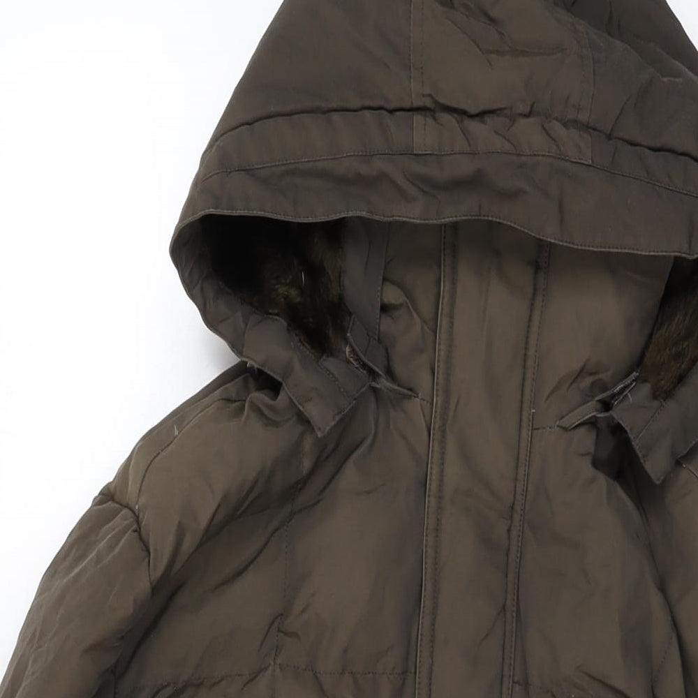 Close-up detail of Woolrich women’s green overcoat coat, size M, zip