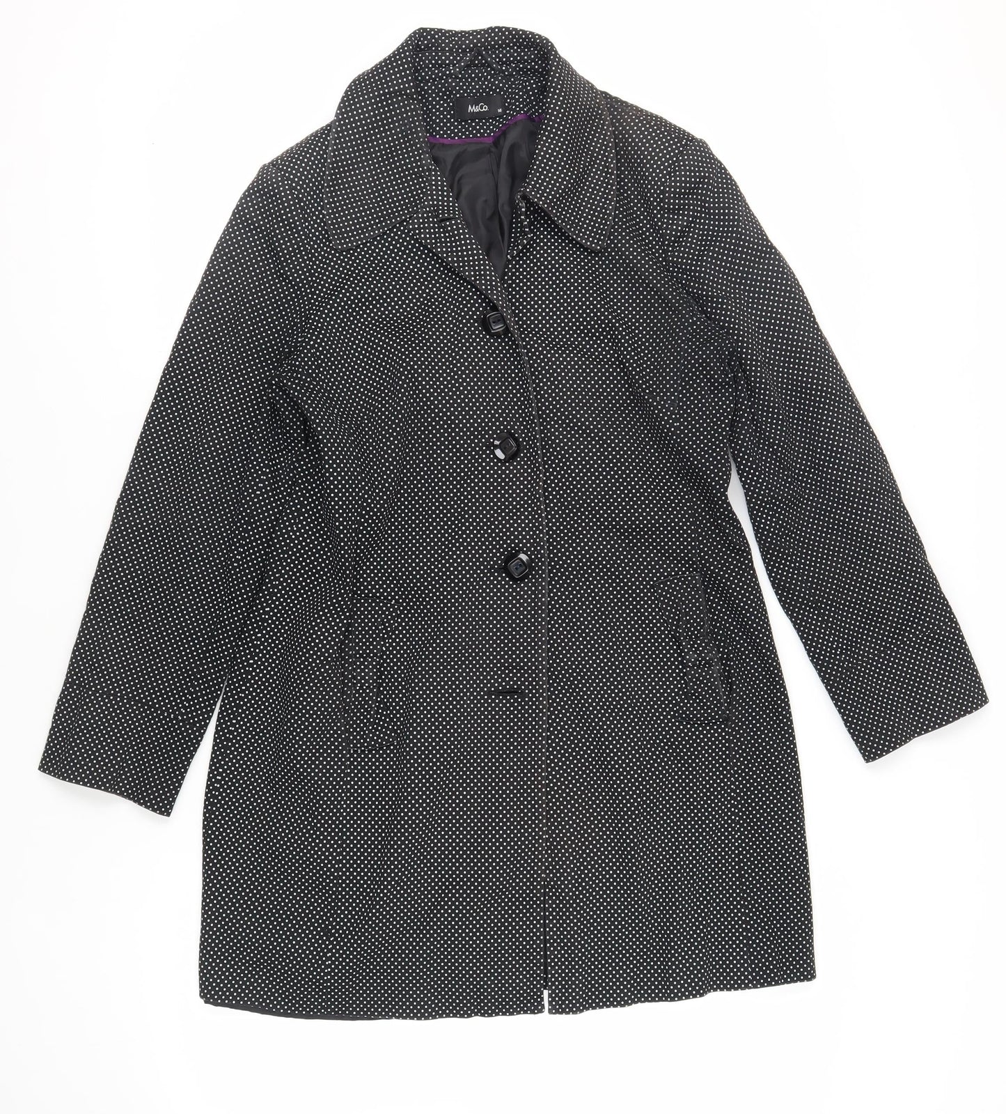M&Co Womens Black Polka Dot Overcoat Coat Size 14 Button