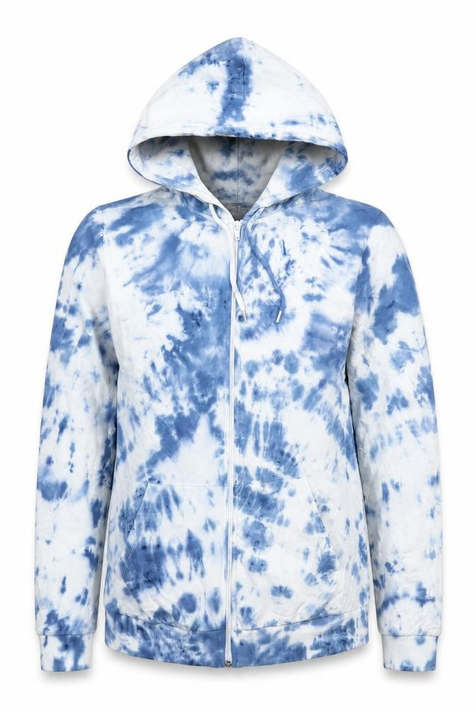Front view of ASOS women’s blue geometric cotton full zip hoodie, size XS, zip