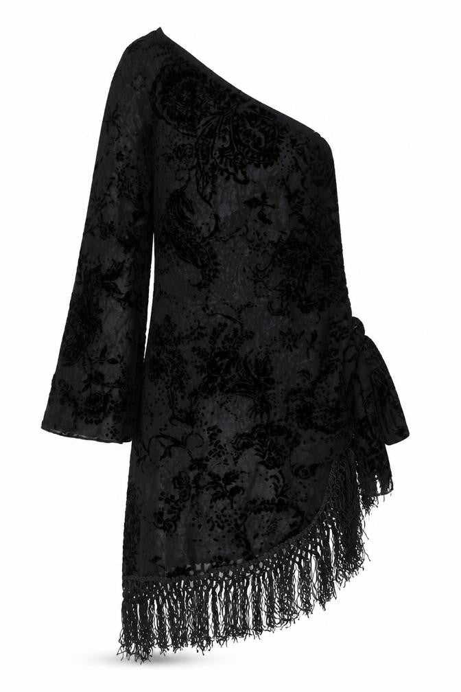 Alan Schwartz Womens Black Geometric Polyester A-Line Size S One Shoulder Zip