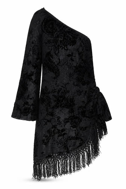 Alan Schwartz Womens Black Geometric Polyester A-Line Size S One Shoulder Zip