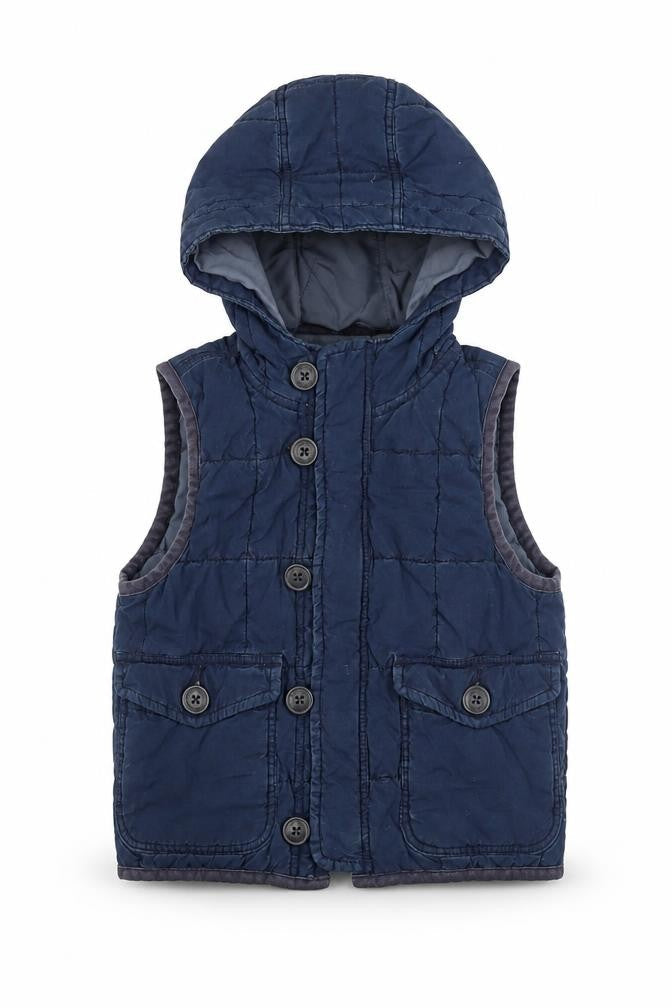 Front view of Gap boys’ blue gilet waistcoat, size 2, years button