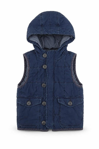 Front view of Gap boys’ blue gilet waistcoat, size 2, years button