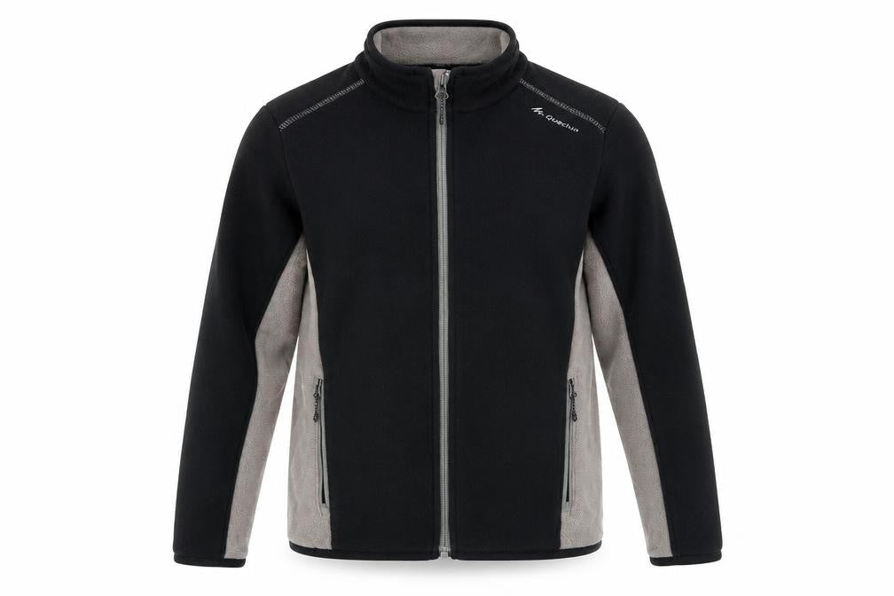 Front view of Decathlon boys’ black colourblock jacket, size 12, years zip