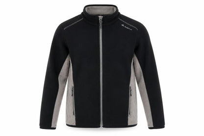 Front view of Decathlon boys’ black colourblock jacket, size 12, years zip