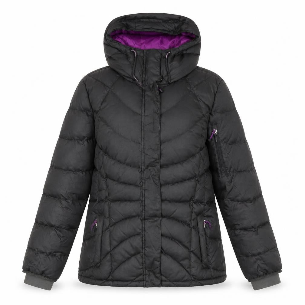 Front view of Lands End women’s black puffer jacket coat, size S, zip