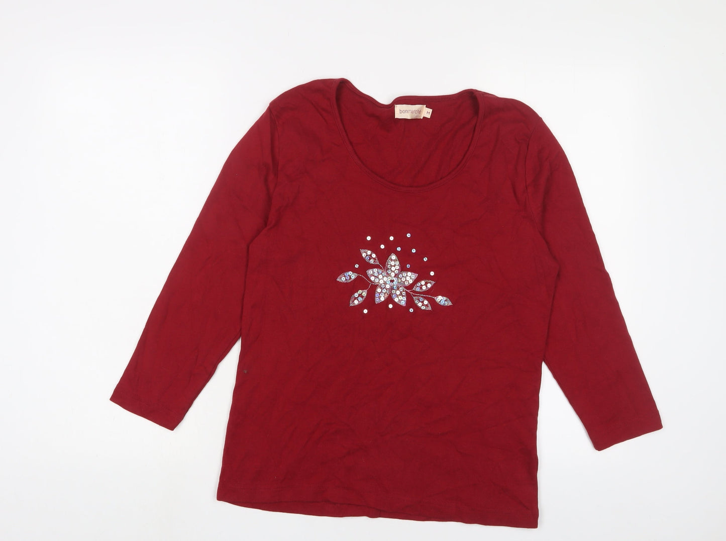 Bonmarché Womens Red Cotton Basic T-Shirt Size M Scoop Neck - Sequins
