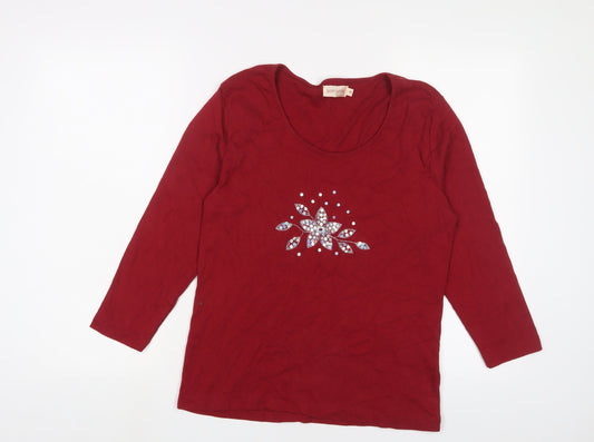 Bonmarché Womens Red Cotton Basic T-Shirt Size M Scoop Neck - Sequins
