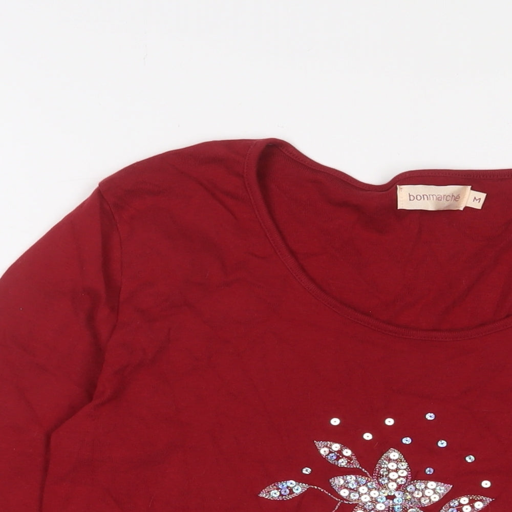Bonmarché Womens Red Cotton Basic T-Shirt Size M Scoop Neck - Sequins