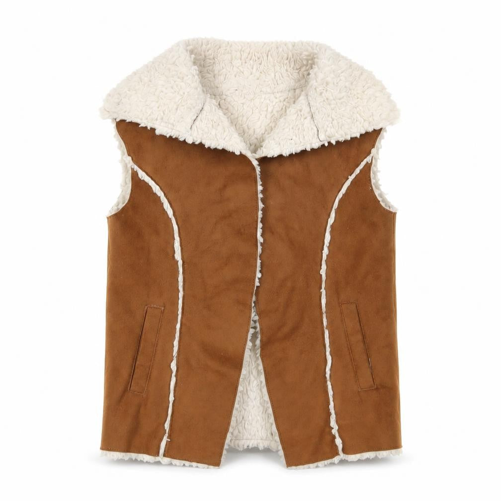 Front view of Marks & Spencer girls’ brown gilet jacket, size 7-8, years pullover - open