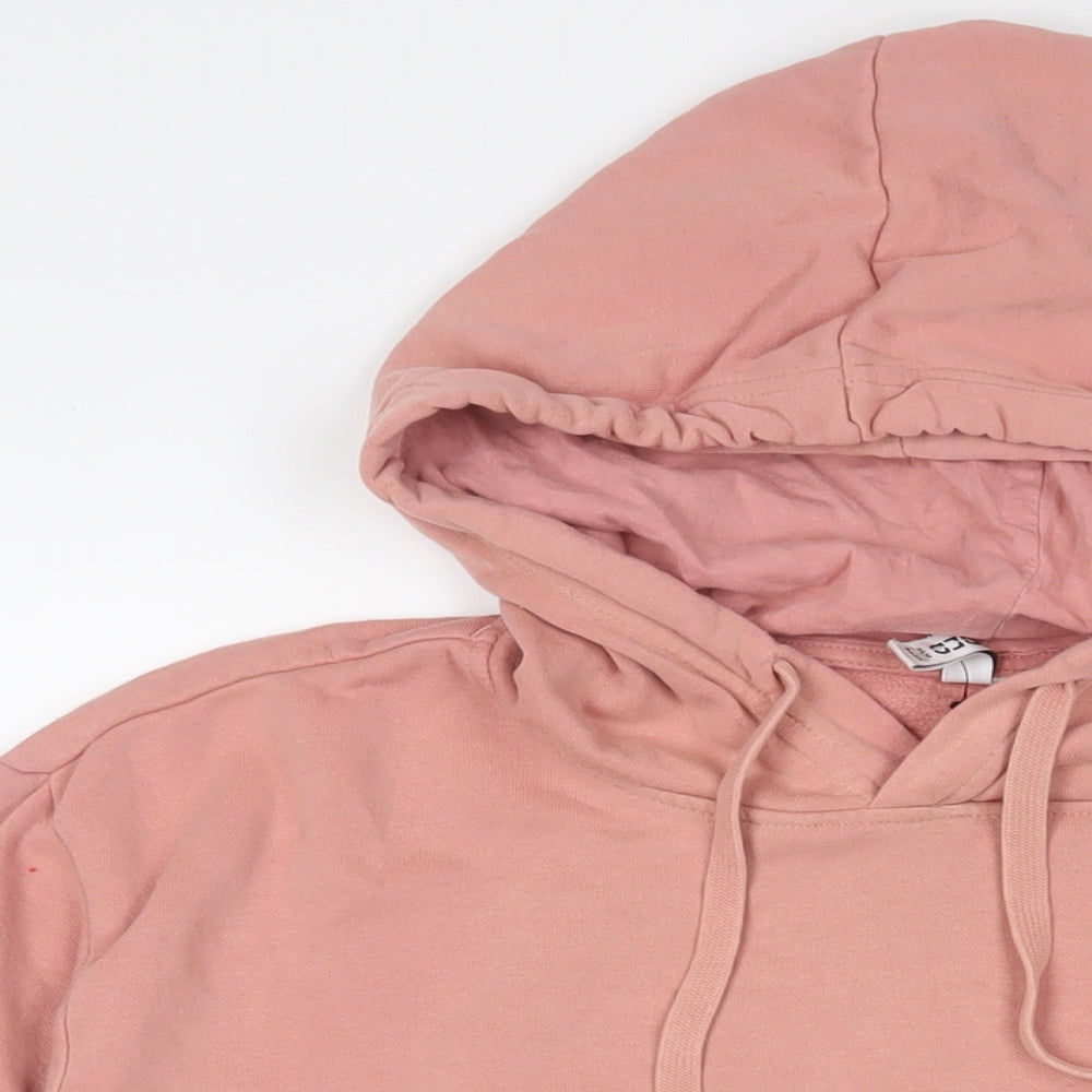 Close-up detail of h7m women’s pink cotton pullover hoodie, size L, pullover