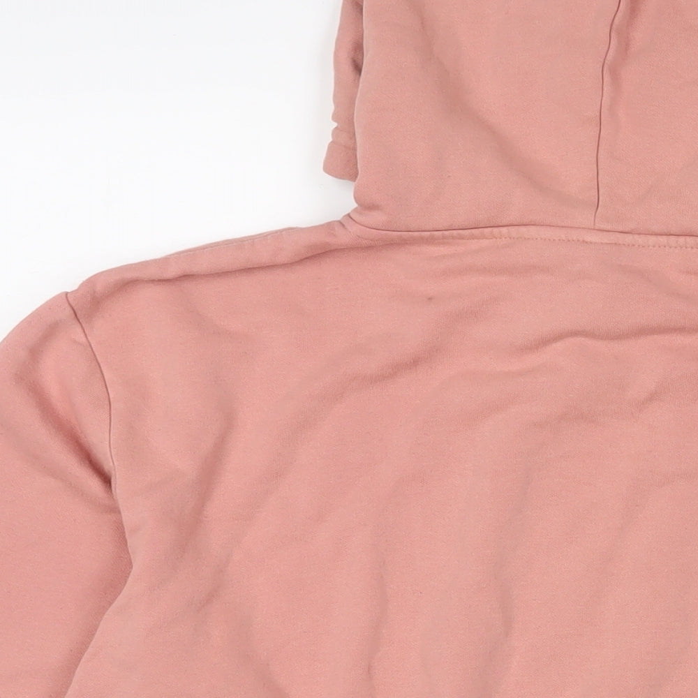 Brand and care label for h7m women’s pink cotton pullover hoodie, size L, pullover