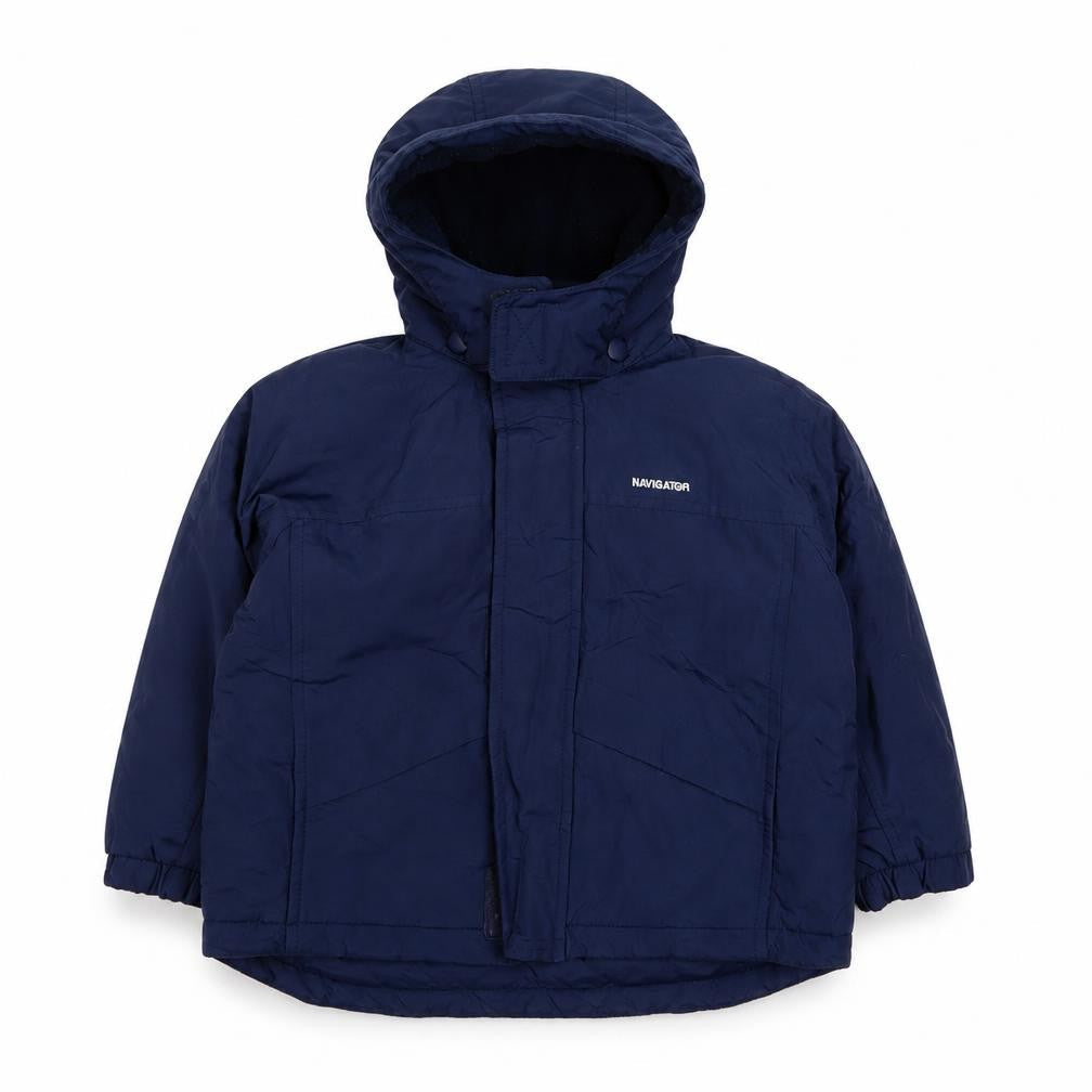 Front view of Navigater boys’ blue basic coat coat, size 2-3, years zip - logo, embroidered