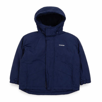 Front view of Navigater boys’ blue basic coat coat, size 2-3, years zip - logo, embroidered
