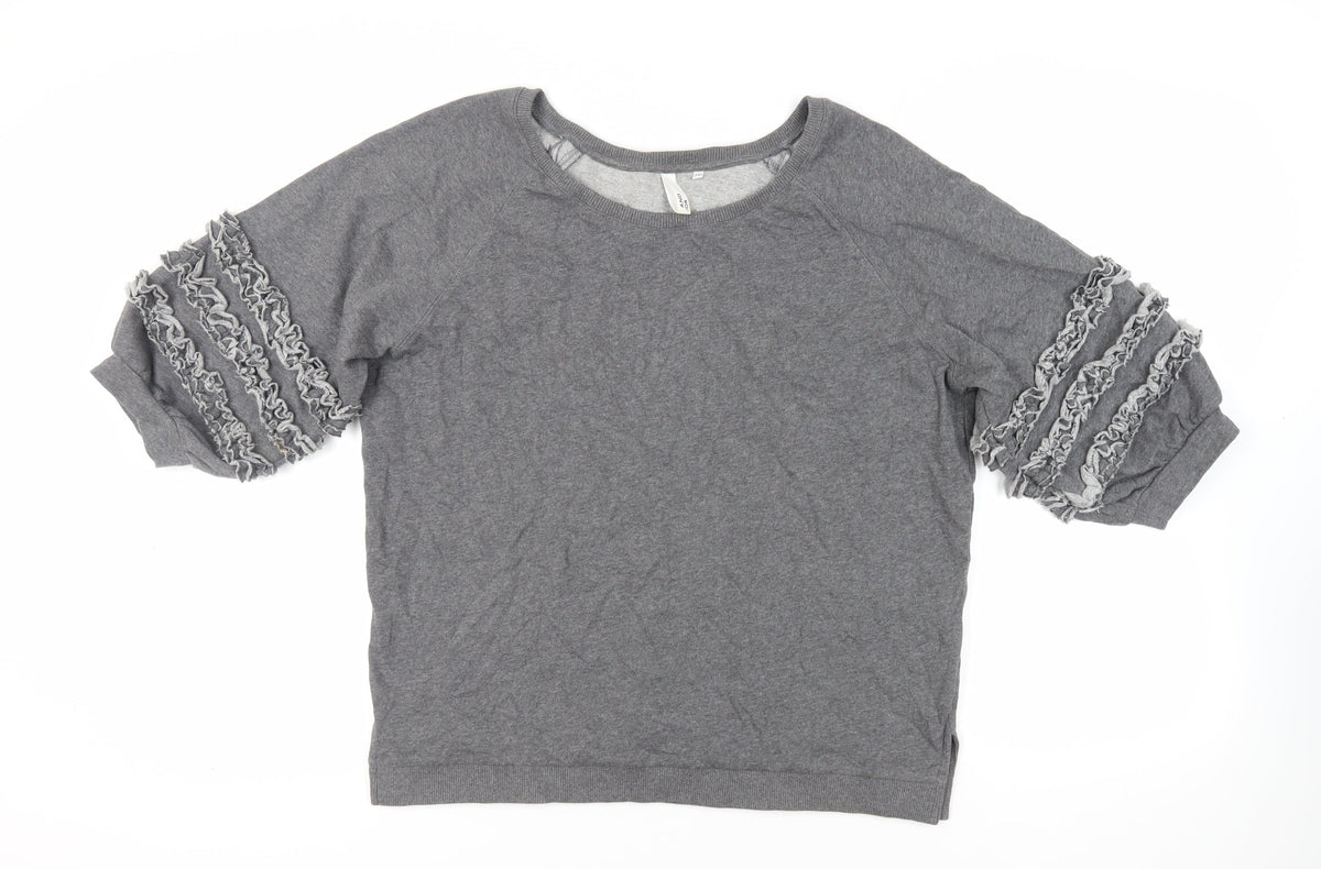 Additional front view of AND/OR women’s grey cotton pullover sweatshirt, size UK 12, pullover - ruffle detail
