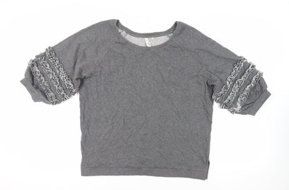 Additional front view of AND/OR women’s grey cotton pullover sweatshirt, size UK 12, pullover - ruffle detail