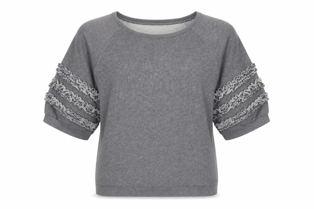 Front view of AND/OR women’s grey cotton pullover sweatshirt, size UK 12, pullover - ruffle detail