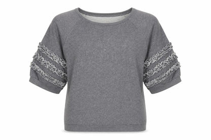 Front view of AND/OR women’s grey cotton pullover sweatshirt, size UK 12, pullover - ruffle detail