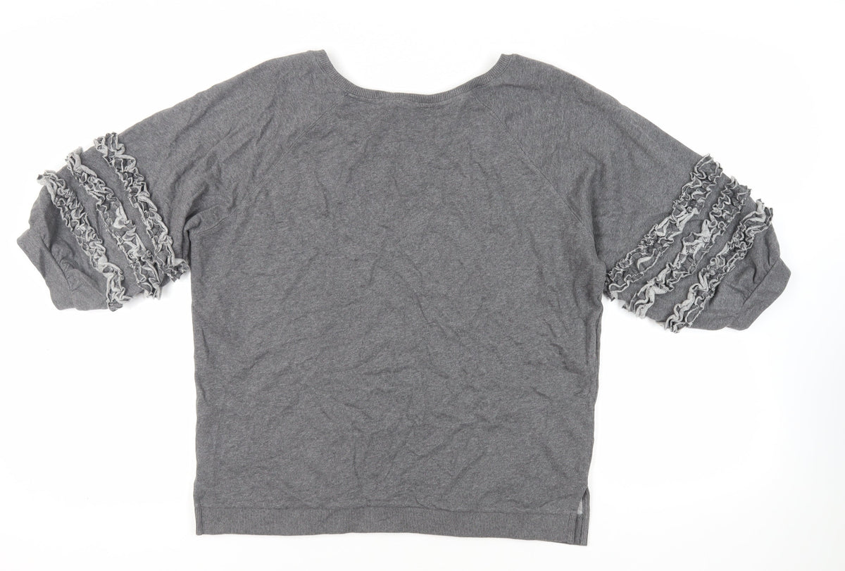 Back view of AND/OR women’s grey cotton pullover sweatshirt, size UK 12, pullover - ruffle detail